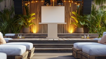A music festival VIP area with an empty podium mockup for special announcements, lounge seating, and a bar - obrazy, fototapety, plakaty