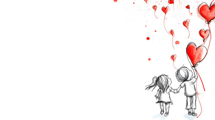 Valentine's day background with little girl and heart-shaped balloons
