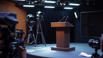 A press conference room with an empty podium mockup, media cameras, and journalists taking notes - obrazy, fototapety, plakaty