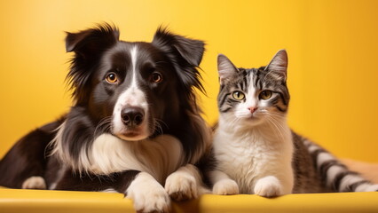 friendship between a cat and a dog isolated on yellow background