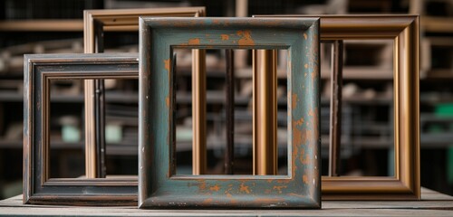 A series of empty frame mockups with a rustic, patina metal finish, creating an aged look in a vintage setting.