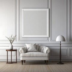 In the minimalist white room, find a couch, lamp, and blank white copyspace frame template