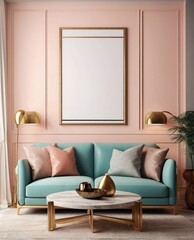 Fototapeta na wymiar Domestic and Cozy Living Room Interior - Beige Sofa, Plants, Mock-up Poster Frame, Aesthetic Minimalist Design. 