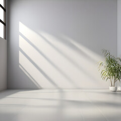 Empty white room with plant and shadow, generative ai
