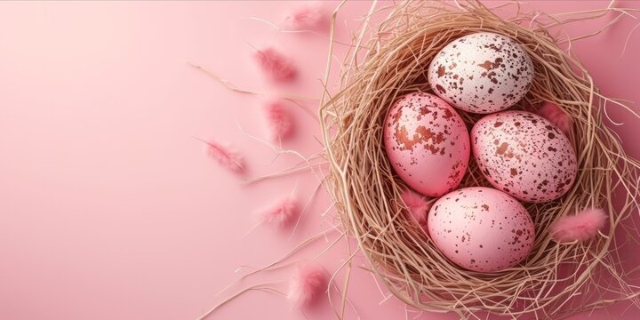 On a pink blank empty background with copyspace area for text, a nest of pink eggs appears arranged to resemble peeking from the nest
