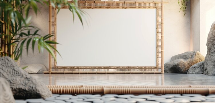 A series of empty frame mockups with a natural, woven bamboo border, set in a Zen-inspired, tranquil space.