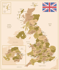 United Kingdom - vintage map of the country in brown-green colors.