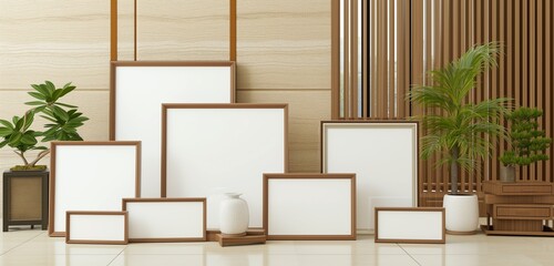 Fototapeta premium A set of empty frame mockups with a glossy, lacquered wood finish, arranged in a sleek, Asian-inspired interior.