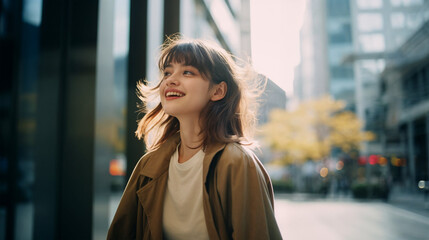 Fototapeta premium 笑顔で街を歩く女性
