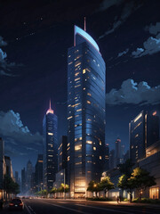 Urban Elegance: Night Perspective of a Modern Business Center in the City Skyline