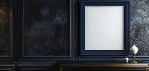An empty frame mockup with a classic, navy blue velvet border, set against a rich, dark wall.