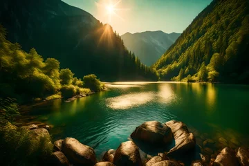 Foto op Plexiglas A lush emerald mountain bathed in golden sunlight, with a tranquil river winding through its valleys © Pareshy
