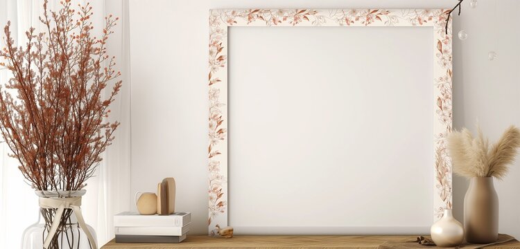 An empty frame mockup with a delicate, cherry blossom pattern border, adding a touch of spring to a serene room.