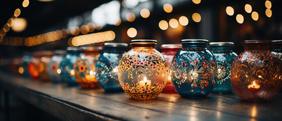 a many different colored glass jars lined up on a table