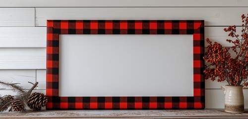 An empty frame mockup with a bold, red and black buffalo plaid border, adding a cozy touch to a cabin-style interior.