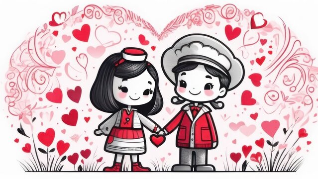 Vintage Valentines Day poster design, Chinese wording means Happy Valentine's Day. High quality photo Chinese boy and girl holding hands, background in the shape of a heart, everything is in white and