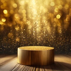 golden christmas ball, gold glitter defocused abstract twinkly lights grunge background. Rounded wooden podium for products or cosmetics with beautiful wall with shadows, Ai Generate
