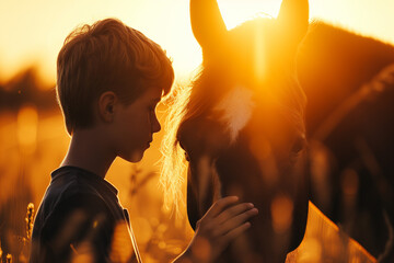  boy looking at his horse with hand on its head.
