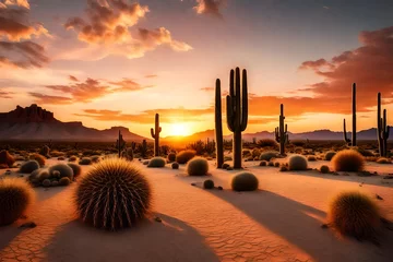 Selbstklebende Fototapeten A surreal desert landscape with enormous, glowing cacti under a breathtaking sunset sky © Pareshy