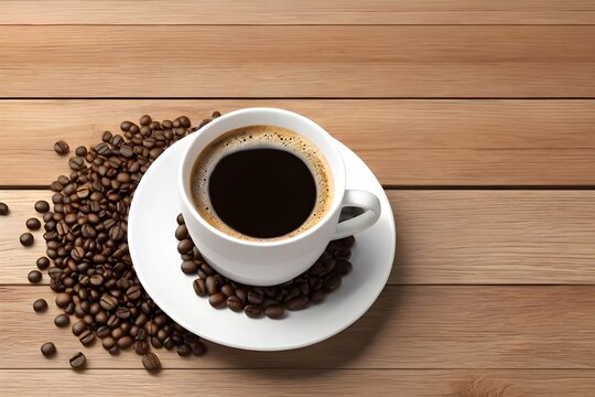 white coffee cup and coffee beans on wooden background.