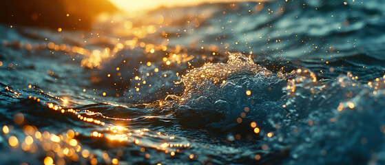 a image of a wave in the ocean with the sun setting