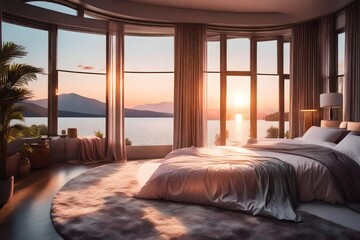 A fluffy bedroom interior with a bed covered in pastel-colored silk sheets and a panoramic window overlooking a serene lake at sunset
