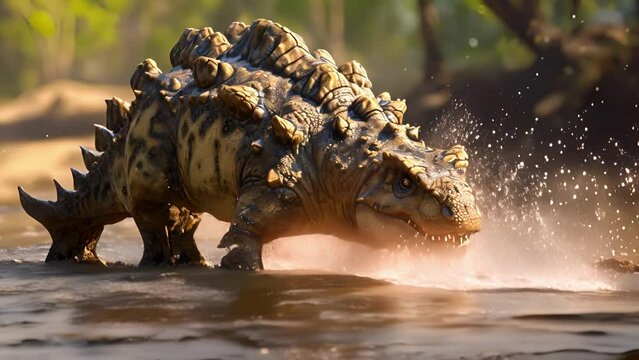 A playful ankylosaurus happily splashes through the water its armored body protected from any ps or ses.