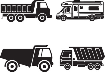 Dumper truck icons set. Trucks for loading. High HD resolution silhouettes of vehicles used for cargo.