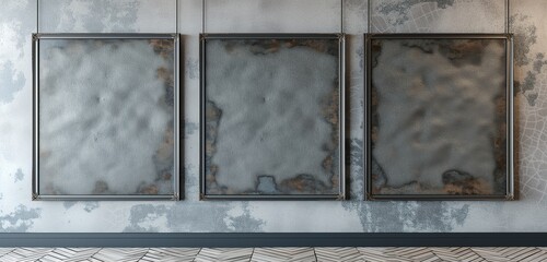A set of empty frame mockups with a hammered metal texture, creating an artistic look on an industrial wall