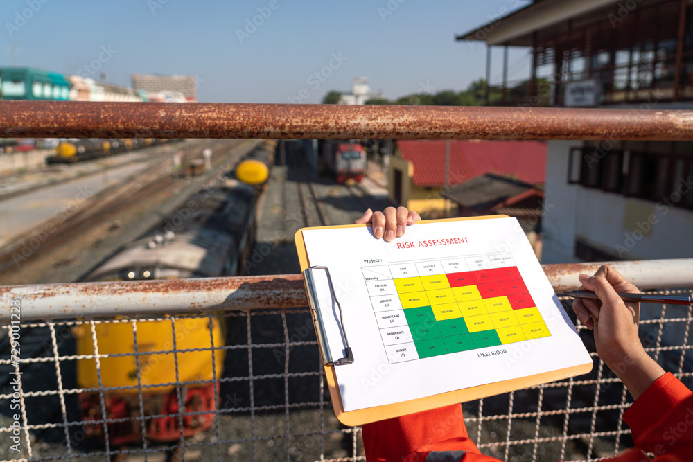 Wall mural action of a business manager is holding project risk assessment form on blurred background of train 