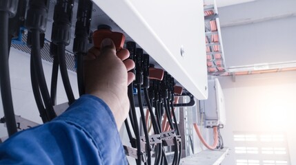 The technician check the String Cable connecting the power from the solar panel to the inverter with shiny light.
