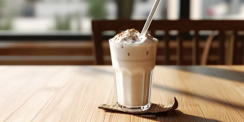 Fototapeten Fresh milk shake on wood table, A refreshing chocolate milkshake served over a wooden, Iced coffee in coffee, Delicious milkshake in a tall glass with whipped cream and toppings.  © Fatima