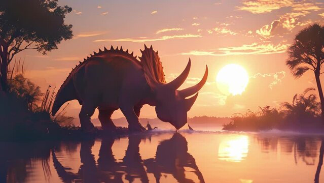 On the other side of the watering hole a gentle triceratops lowers its head to take a sip its three horns casting a dramatic silhouette.