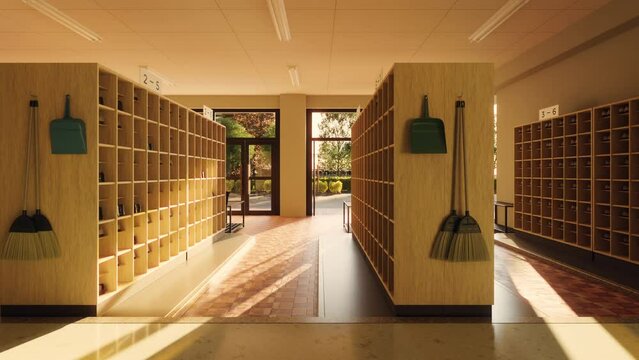 夕日が差し込む放課後の昇降口と下駄箱 / ドリーショット / スクールライフ・学園ロケーション・青春とノスタルジーのモーションイメージ / 3Dレンダリング