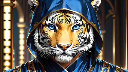 Fototapeta na wymiar Fearless Observer: The Allure of Vibrant Attire on the Tiger Ninja.(Generative AI)