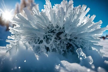 A close-up of a crystal-clear, intricately detailed ice formation, glistening with ethereal colors and textures under the lens of an HD camera