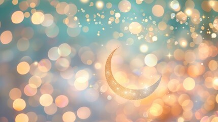 Eid Mubarak, Crescent Moon Illuminating a Joyful Bokeh Background, Signifying the Celebratory Spirit of the Occasion.
