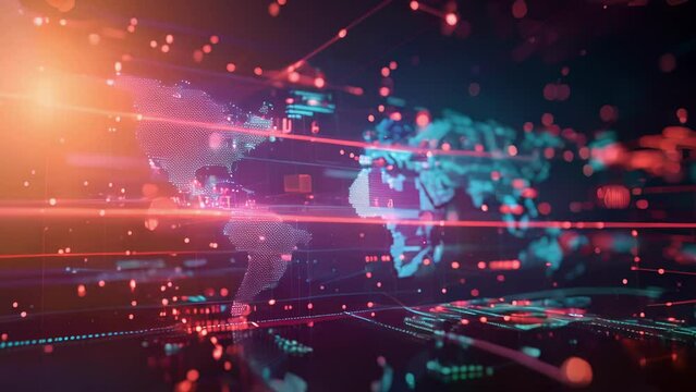 A hologram of a global map with different nodes representing financial centers around the world demonstrating the reach and connectivity of financial transactions in the modern