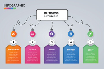 Light bulb infographic visualization template and business icons vector. Business concept with 5 options, steps, process for presentation, layout, diagram chart, anual report