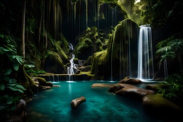 A tranquil waterfall cascades from high cliffs into a crystal-clear pool in the heart of a lush, untouched jungle