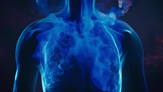 A holographic simulation of the effects of chronic obstructive pulmonary disease COPD on the lungs showcasing the narrowing of airways and difficulty breathing.