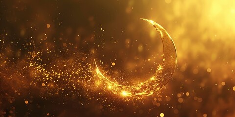 A Golden Crescent Illuminating Ramadan Kareem, Adorned with Swirls and Glittering Highlights, Set Against a Bokeh Background.