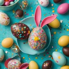 Fototapeta na wymiar Easter sweets concept. Top view photo of easter bunny ears chocolate eggs with dragees and sprinkles on turquoise background with empty space