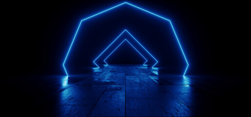 Neon Glowing Arc  Shaped Lights VIbrant Blue Cyber Electric Glow On Grunge Cement Tile Asphalt Floor Garage Hangar Background 3D Rendering
