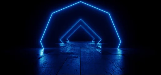 Neon Glowing Arc  Shaped Lights VIbrant Blue Cyber Electric Glow On Grunge Cement Tile Asphalt Floor Garage Hangar Background 3D Rendering © IM_VISUALS