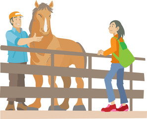 牧場で馬とふれあう女性のイラスト