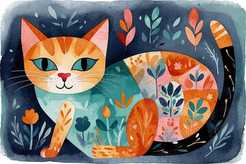 Stylized Watercolor Folk Art Cat