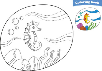 Funny cartoon seahorse. Coloring pages. Vector illustration