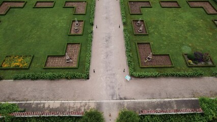 drone shot revealing the entrance of the Chateau de Boutheon in Andrezieux Boutheon, Forez region, Loire departement, Auvergne RHone Alpes, France