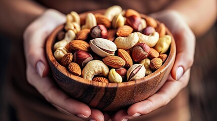 Woman hands holding a wooden bowl with mixed nuts. Healthy food and snack. Walnut, pistachios, almonds, hazelnuts and cashews. copy space. - obrazy, fototapety, plakaty